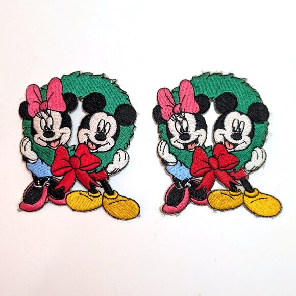Disney Accessories - 2 Vintage 90s Mickey Mouse Minnie Christmas Wreath Patch Iron-on Disney Holiday